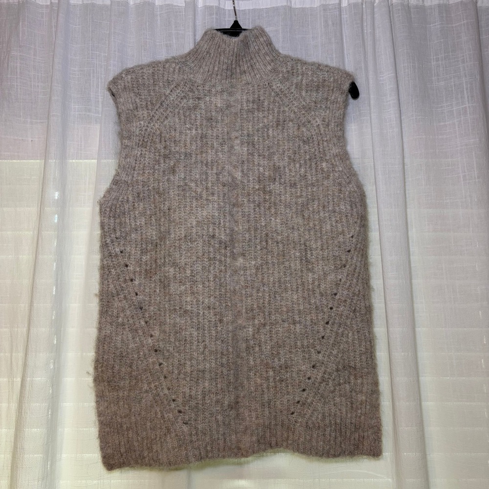 Topshop Sweater Vest Women S Taupe Mock Neck Wool Blend Ribbed‎ Knit Pointelle - Picture 2 of 4